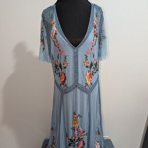 Sundance Blue Maxi Dress with Floral Embroidery